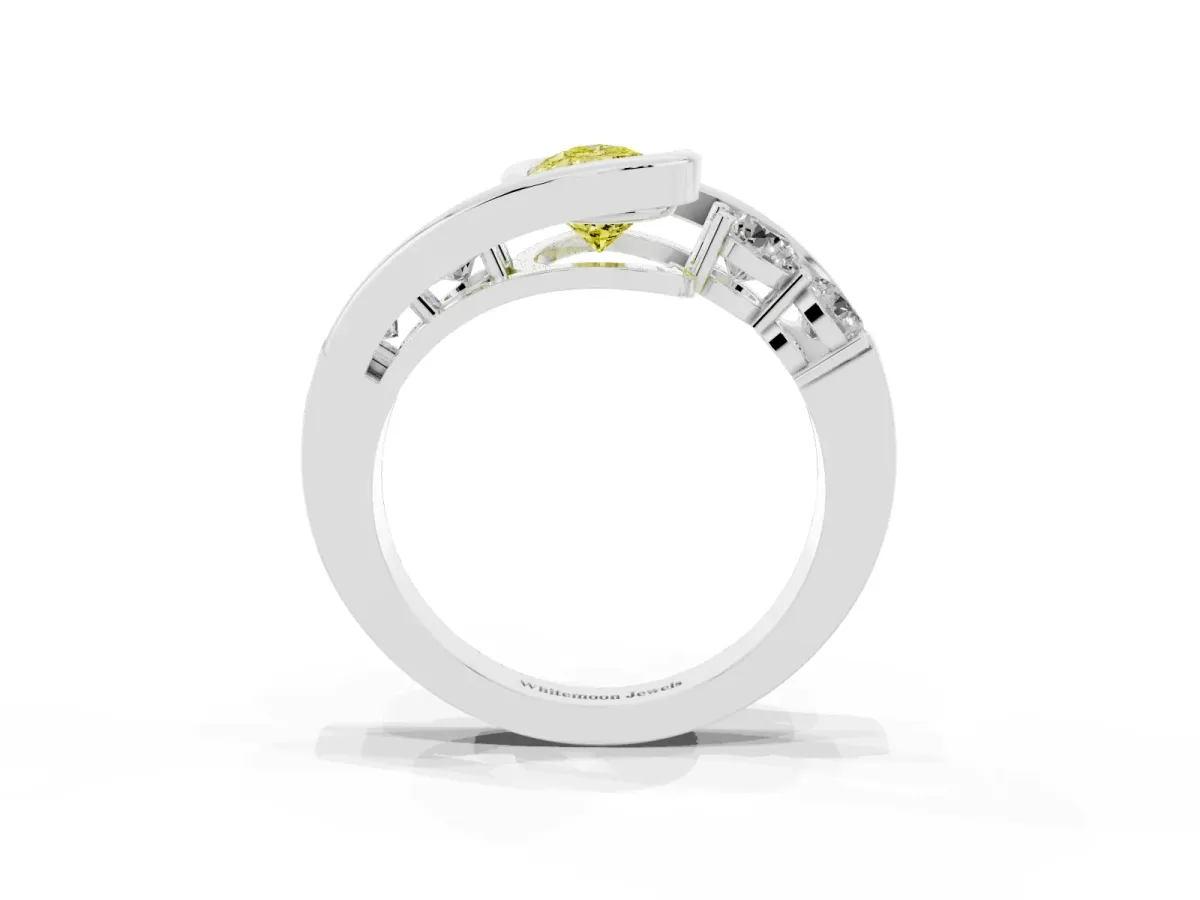 Fancy Yellow Bezel Set Pear Cut Diamond Bypass Ring with Round Accents Silver