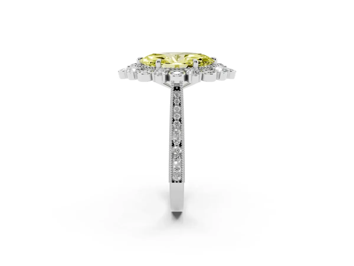 Fancy Yellow Marquise Cut Halo Milgrain Pave Diamond Ring with Four-Prong Setting Silver
