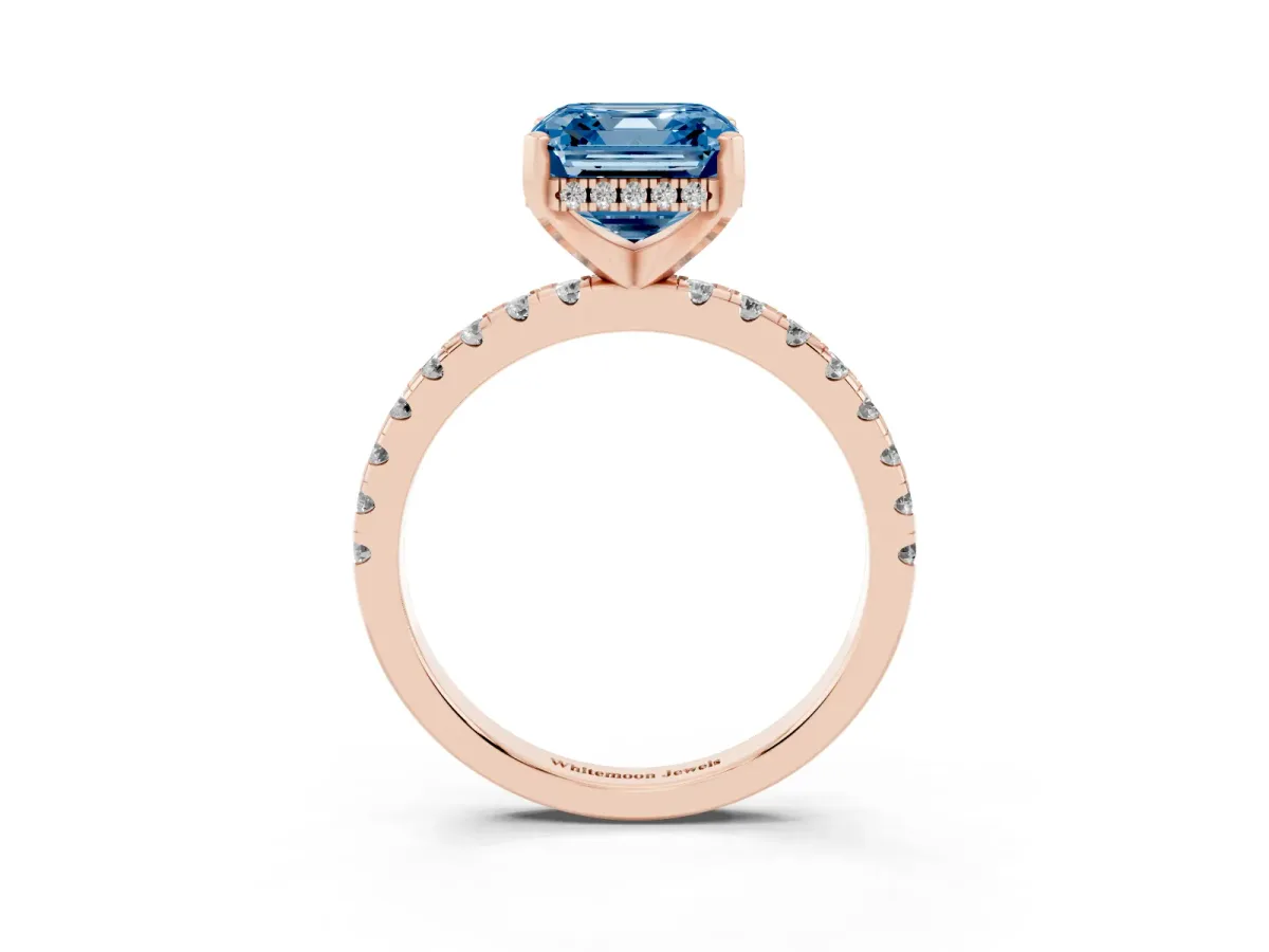 Fancy Blue Asscher Cut Diamond Solitaire Ring with Round Pavé Band and Four-Prong Setting Rose gold