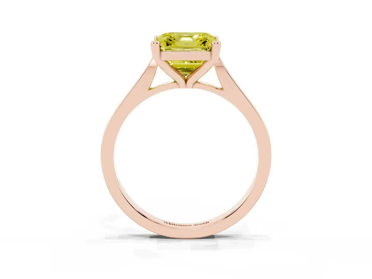 Fancy Yellow Asscher Cut Solitaire Diamond Ring with Four-Prong Setting and Tapered Band Rose gold