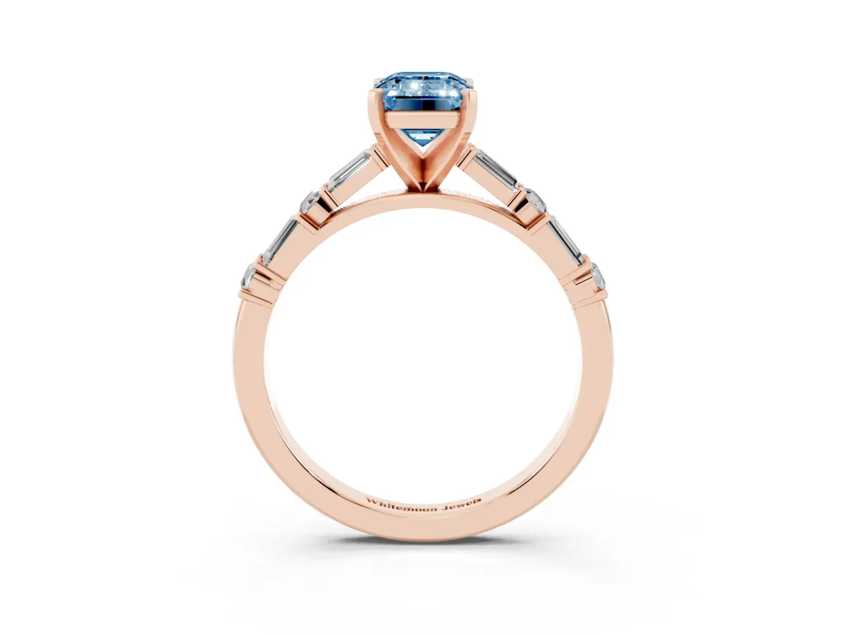 Fancy Blue Emerald Cut Diamond Solitaire with Side Baguettes and Channel Set Band Rose gold