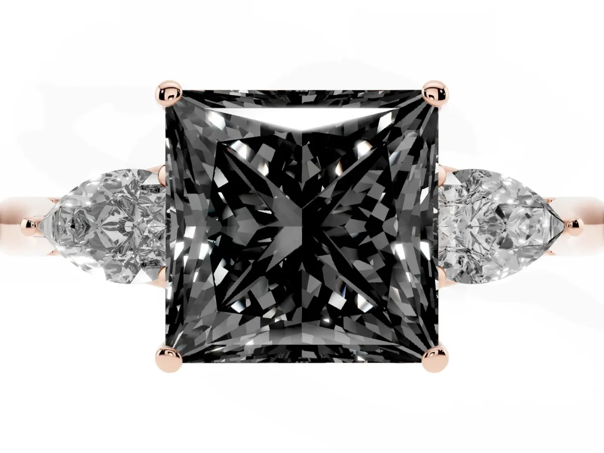 Fancy Black Three-Stone Princess Cut Brilliant Diamond Solitaire Ring with Tapered Band and Four-Prong Setting Rose gold