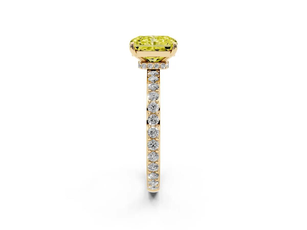 Fancy Yellow Radiant Cut Diamond Pavé Engagement Ring with Round Accents and Prong Setting Yellow gold
