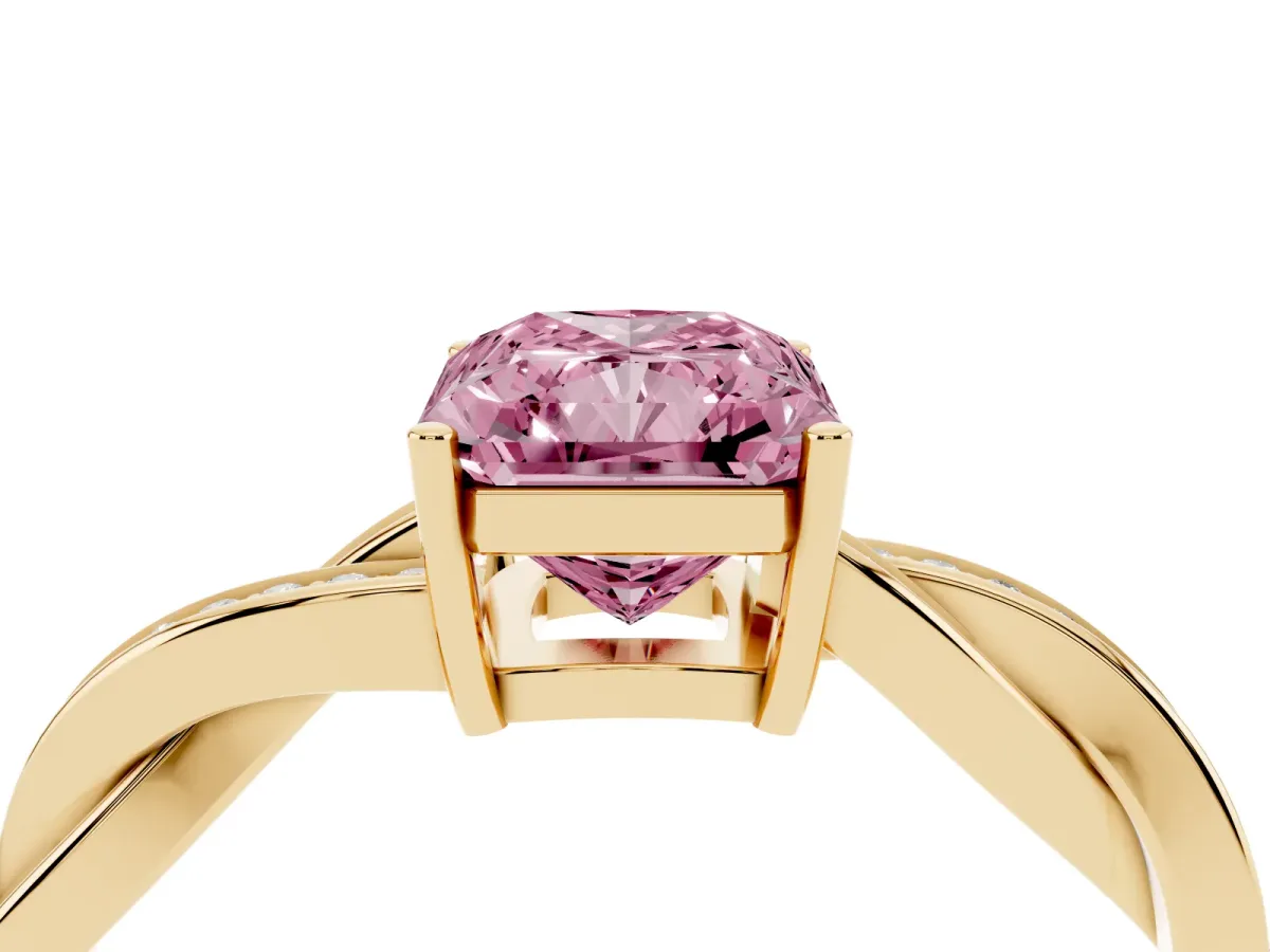 Fancy Pink Radiant Cut Solitaire Twisted Pave Diamond Ring with Four-Prong Setting Yellow gold