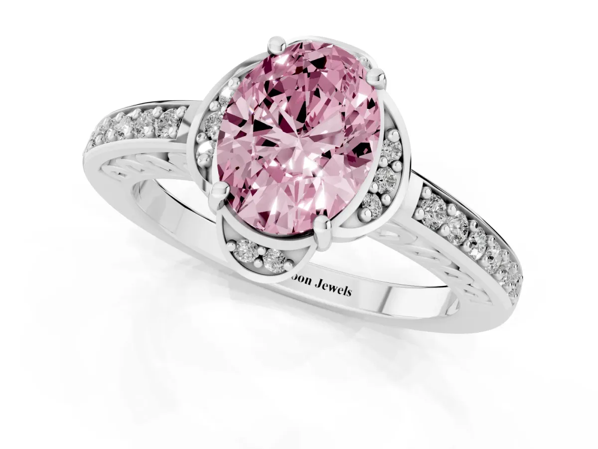 Fancy Pink Oval Cut Cut Halo Diamond Ring with Channel Set Band and Four-Prong Setting Silver