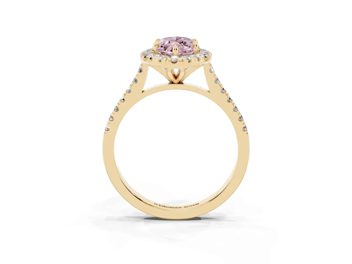 Fancy Pink Marquise Cut Diamond Cushion Halo Ring with Pavé Band Yellow gold