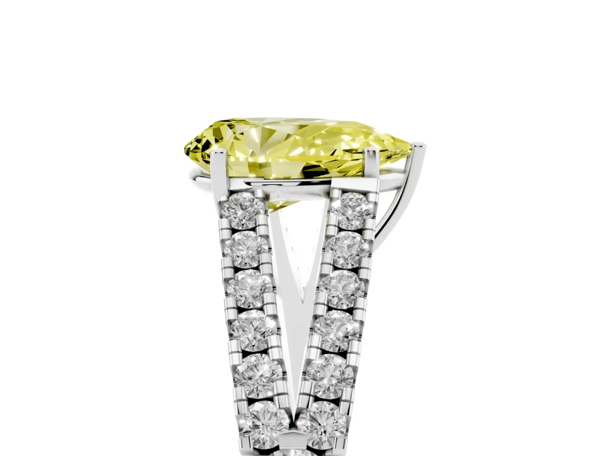 Fancy Yellow Pear Cut Diamond Split Shank Pavé Engagement Ring with Four-Prong Setting White gold