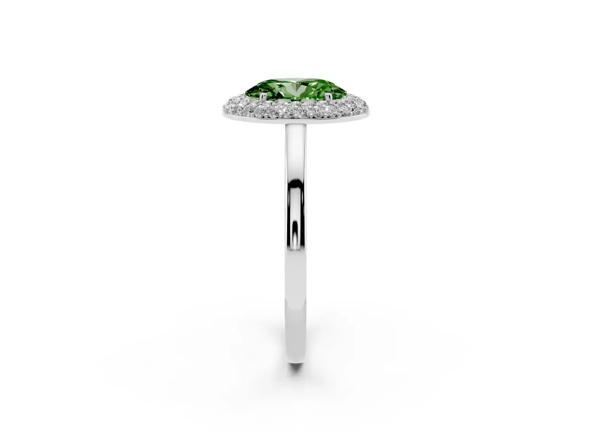 Fancy Green Oval Cut Halo Diamond Engagement Ring with Solitaire Band and Four-Prong Setting Platinum