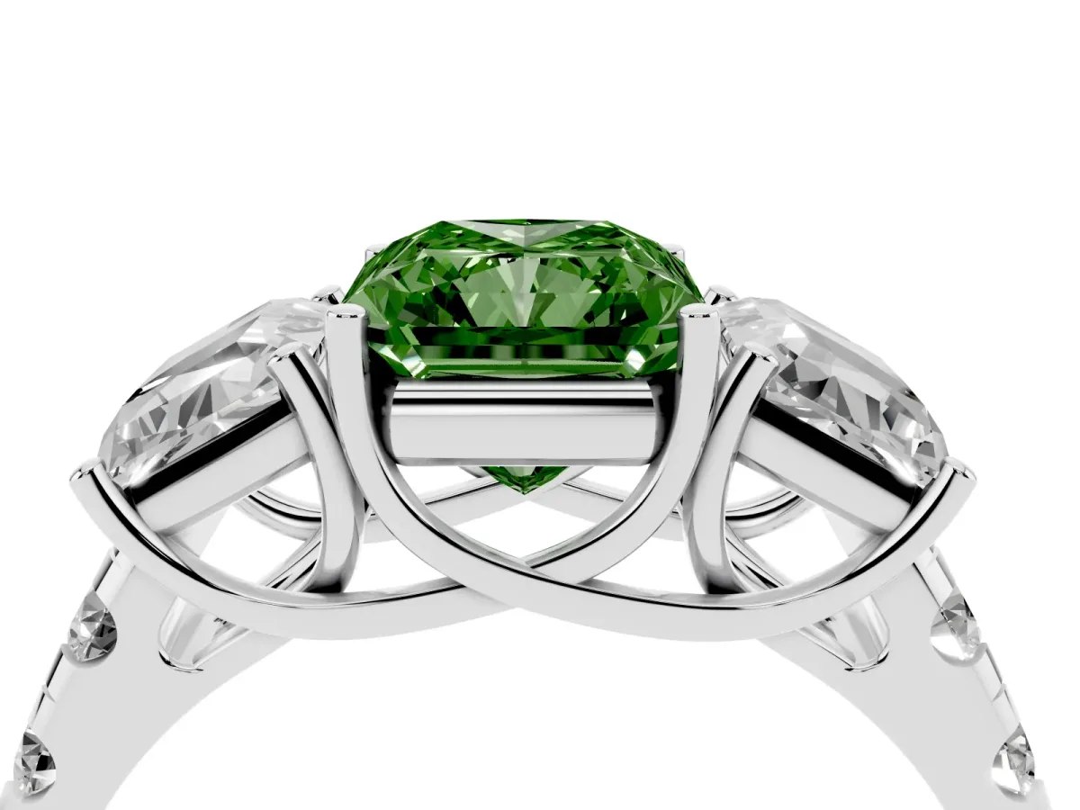 Fancy Green Three-Stone Radiant Cut Diamond Pavé Band with Prong Setting Silver