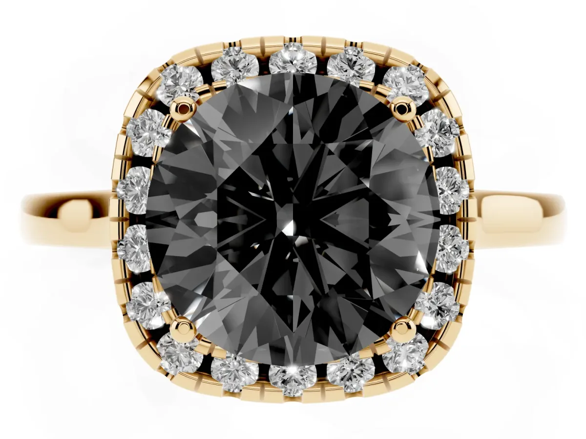 Fancy Black Round Cut Halo Round Diamond Solitaire Ring with Pavé Band and Four-Prong Setting Yellow gold
