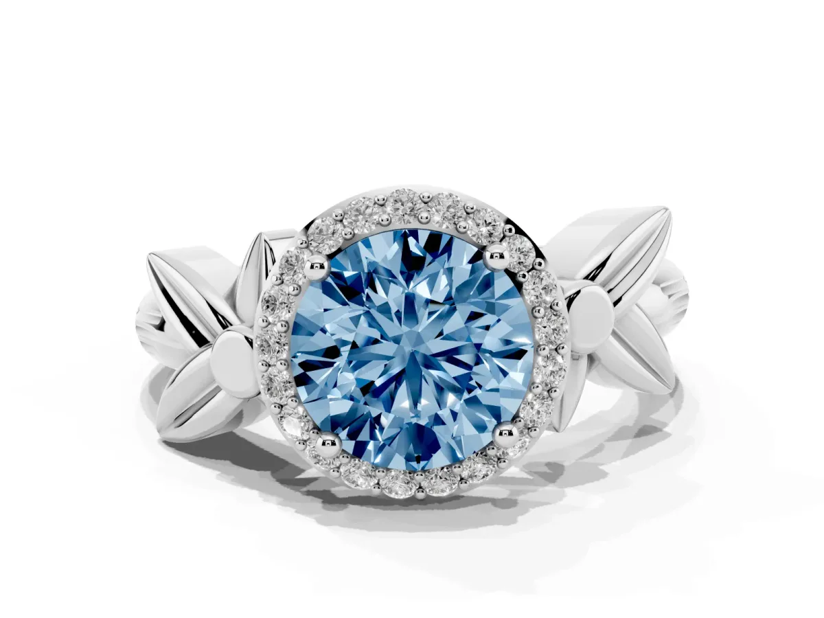 Fancy Blue Round Cut Halo Diamond Floral Band with Four-Prong Setting Platinum