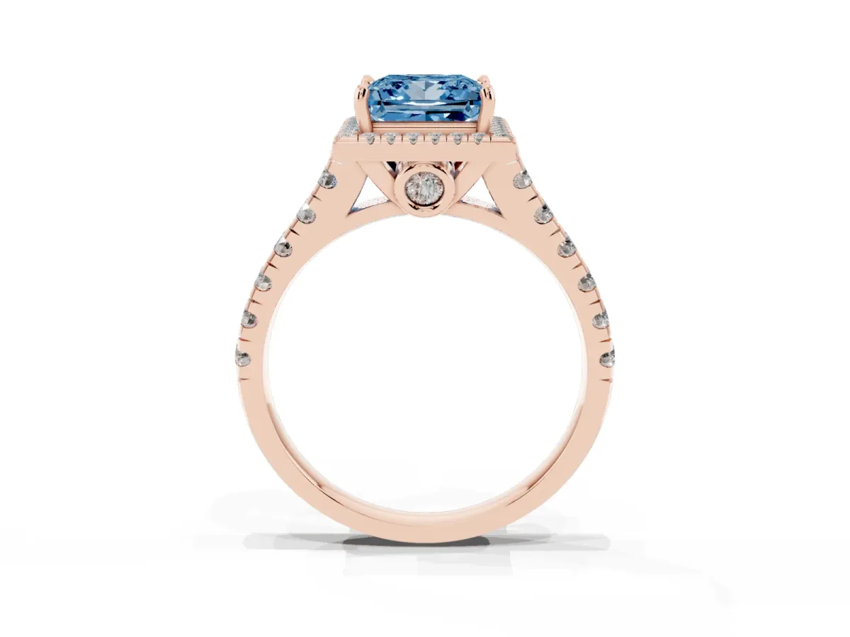 Fancy Blue Princess Cut Halo Pavé Diamond Engagement Ring with Four-Prong Setting Rose gold