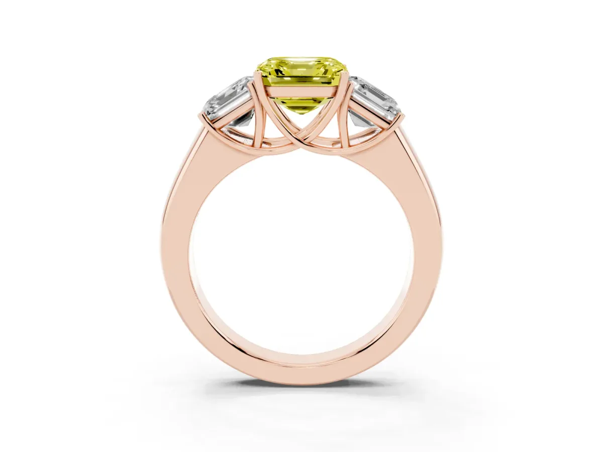 Fancy Yellow Three-Stone Asscher Cut Cut Diamond Ring with Prong Setting and Classic Band Rose gold