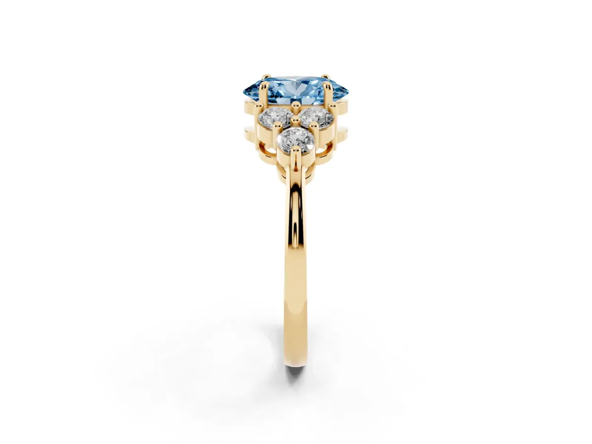 Fancy Blue Oval Cut Brilliant Diamond Cluster Accent Solitaire Ring with Prong Setting Yellow gold