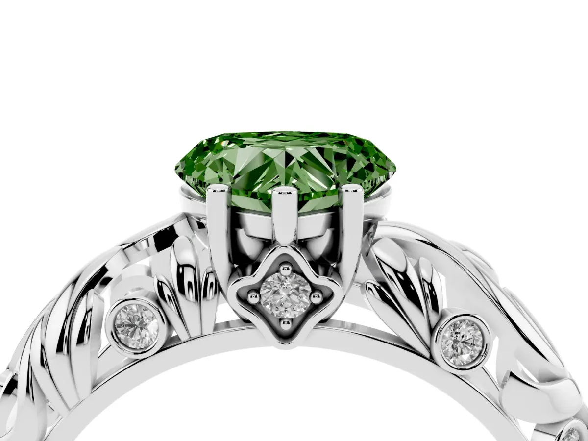 Fancy Green Heart Cut Solitaire Diamond Leaf-Inspired Vine Band Ring with Prong Setting Silver