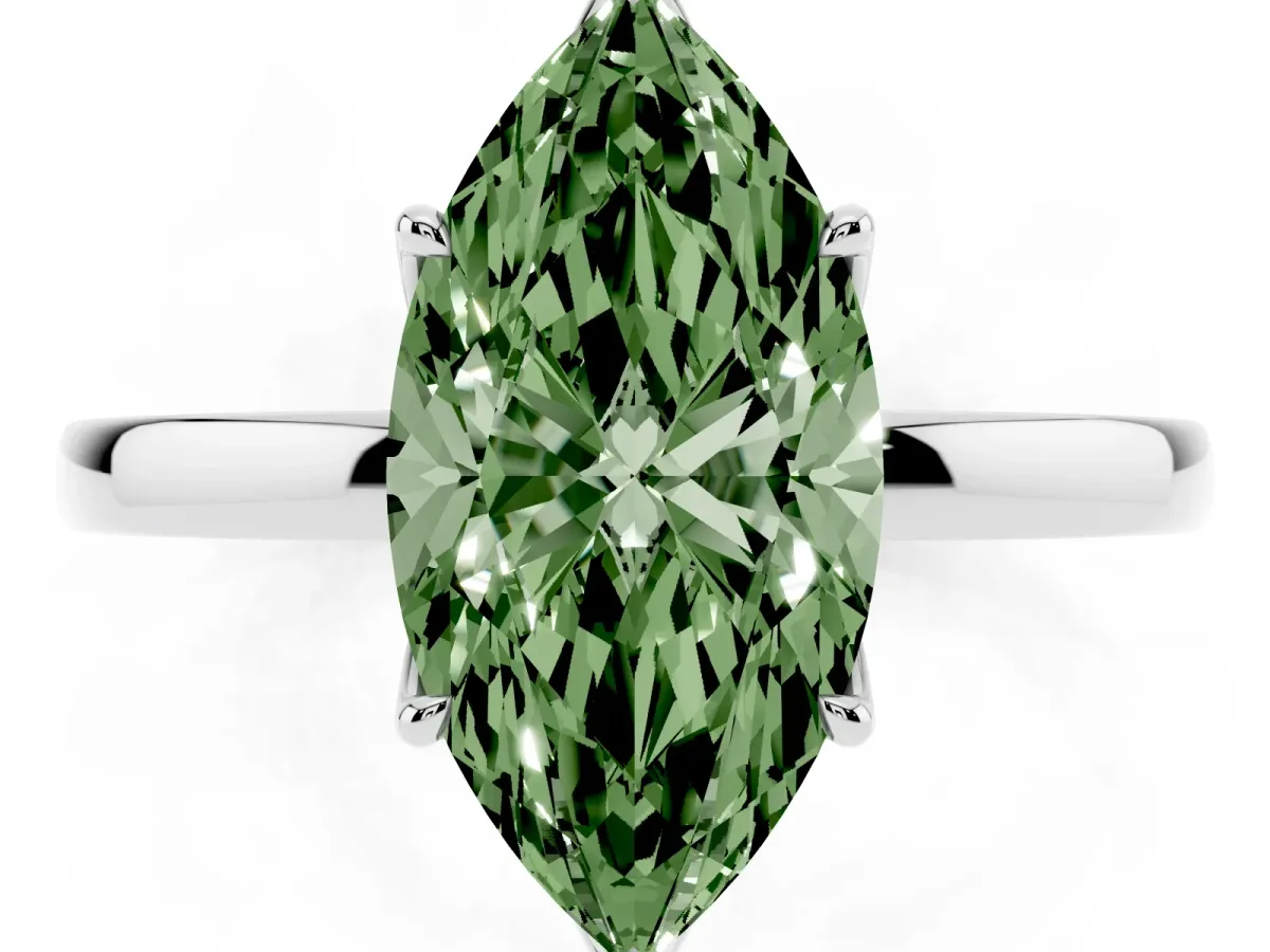 Fancy Green Marquise Cut Diamond Solitaire Ring with Thin Band and Prong Setting Silver