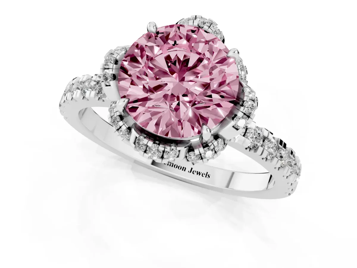 Fancy Pink Round Cut Halo Diamond Pave Band Ring with Four-Prong Setting Silver
