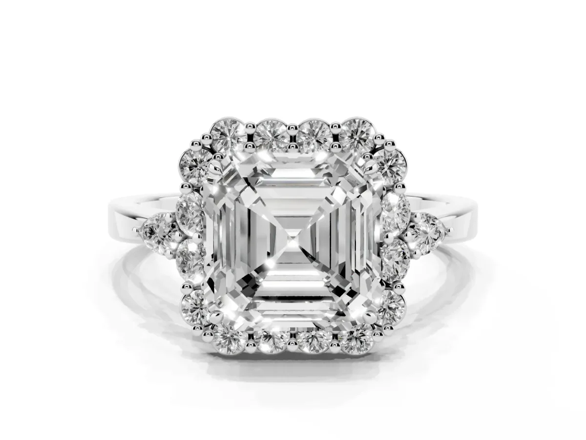 Asscher Cut Diamond Halo Ring with Pear Side Stones and Prong Setting Silver