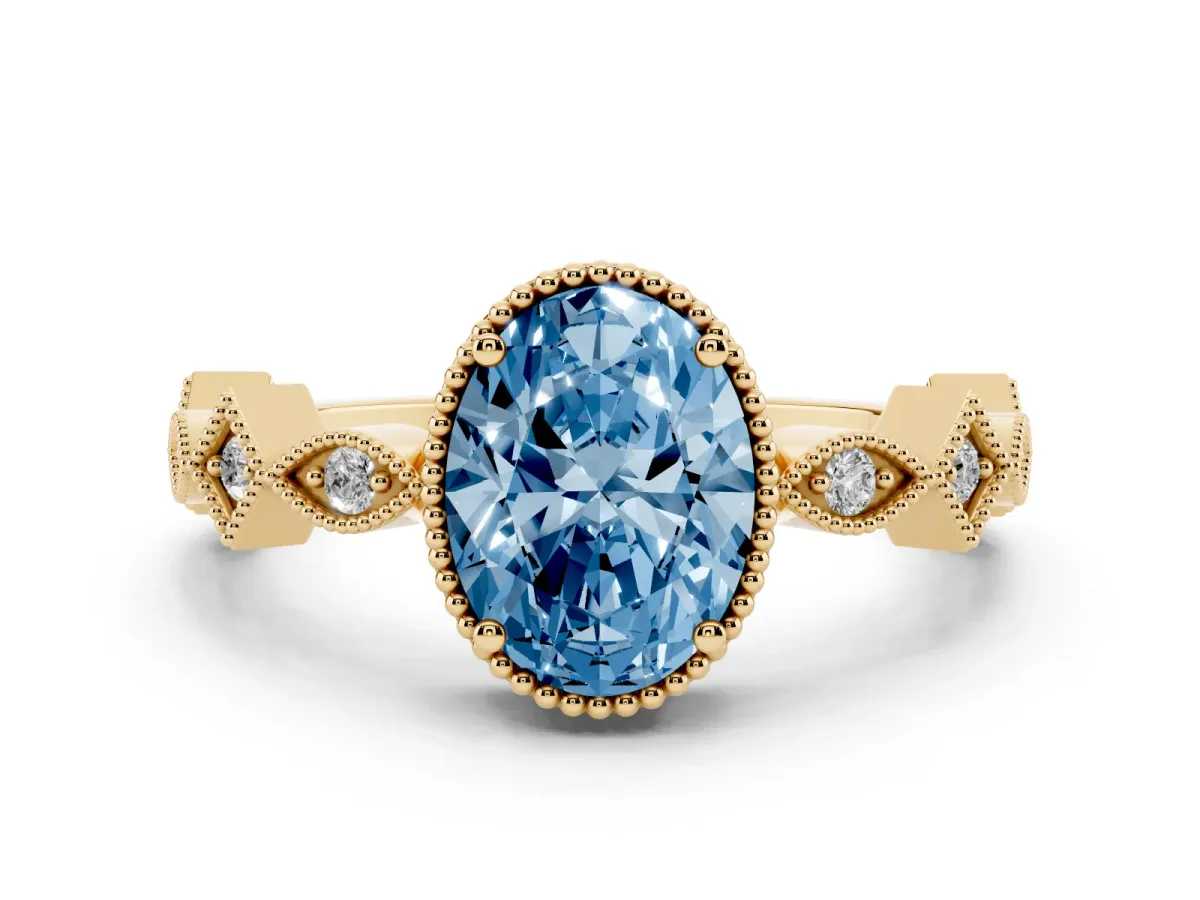 Fancy Blue Oval Cut Milgrain Marquise Diamond Twist Band Ring Yellow gold