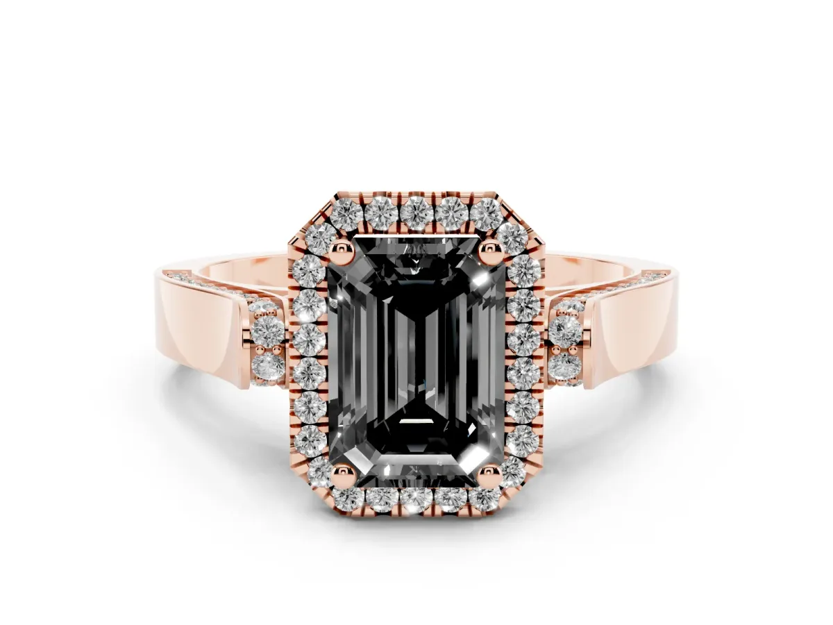 Fancy Black Emerald Cut Halo Round Diamond Twist Band with Four-Prong Setting Rose gold