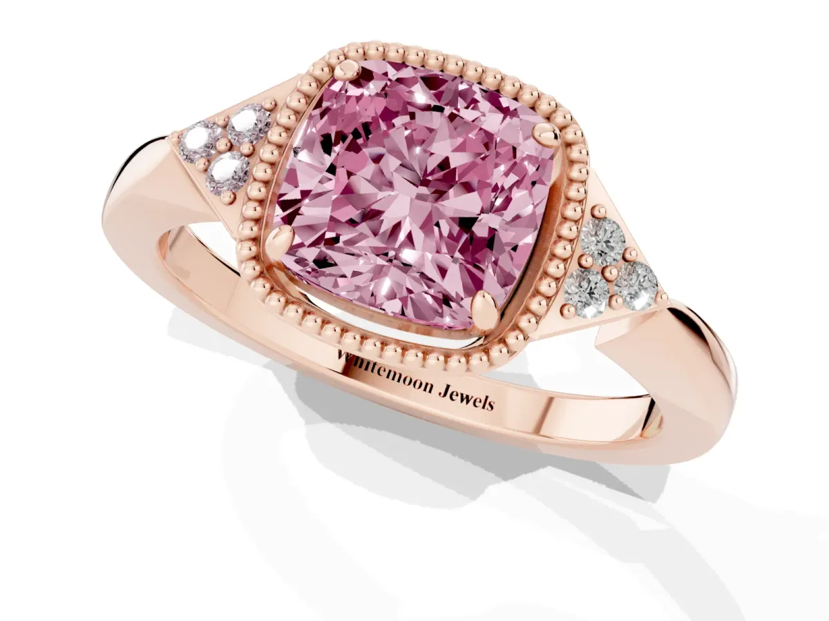 Fancy Pink Cushion Cut Diamond Halo Ring with Tapered Band and Four-Prong Setting Rose gold