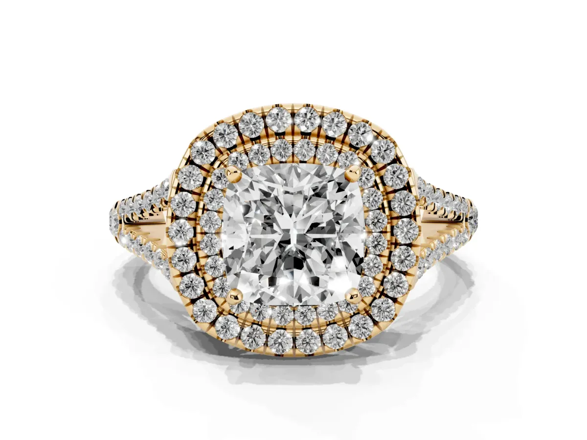 Cushion Cut Diamond Double Halo Ring with Pavé Band and Prong Setting Yellow gold
