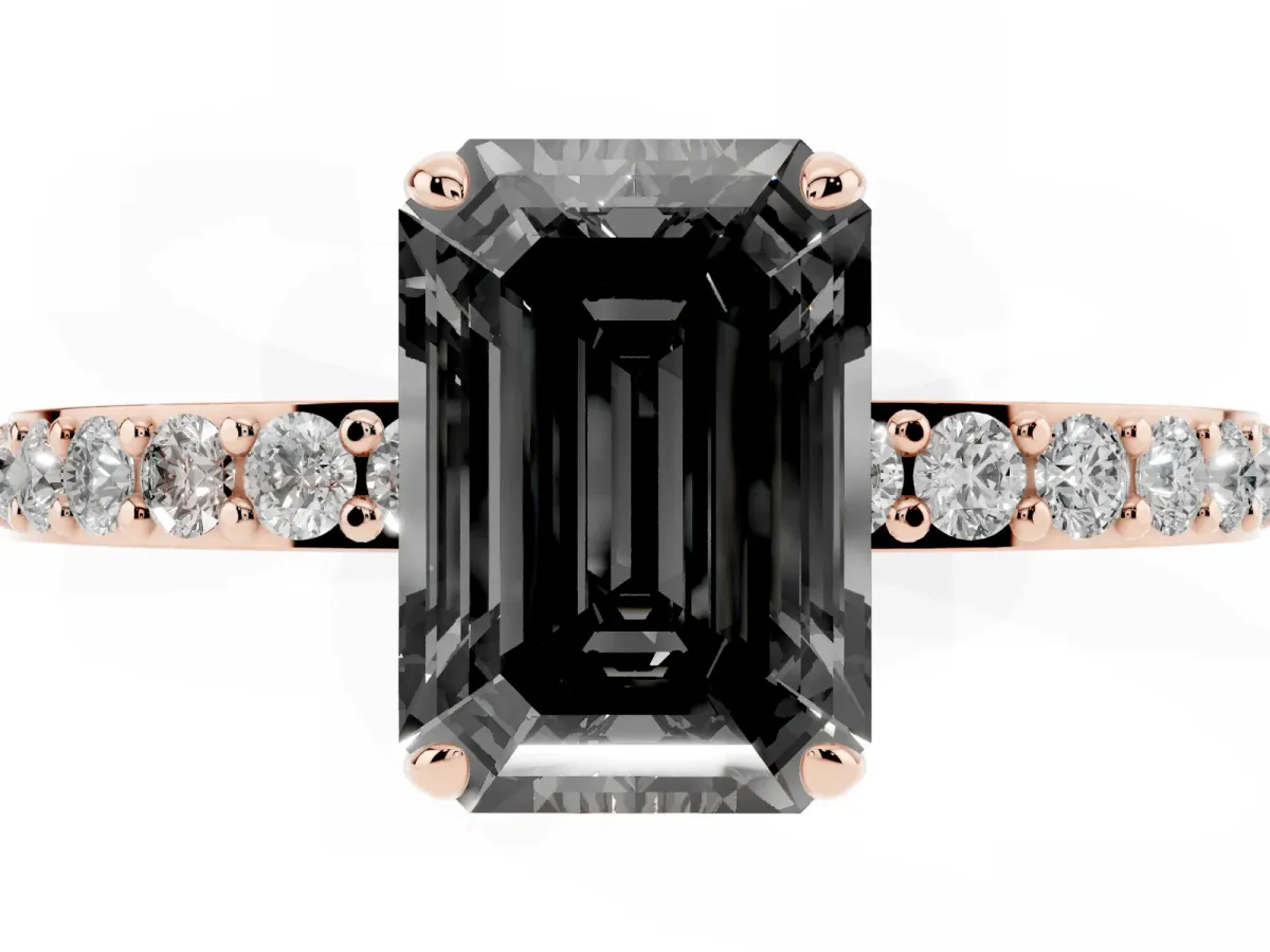 Fancy Black Emerald Cut Diamond Solitaire Engagement Ring with Pavé Band and Four-Prong Setting Rose gold