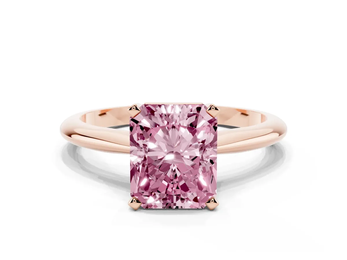 Fancy Pink Radiant Cut Cut Solitaire Ring with Four-Prong Setting on a Classic Band Rose gold