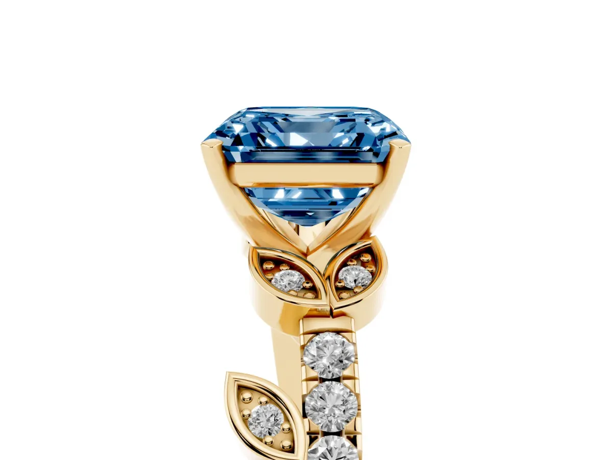 Fancy Blue Asscher Cut Solitaire Leaf-Inspired Diamond Ring with Pavé Band and Four-Prong Setting Yellow gold