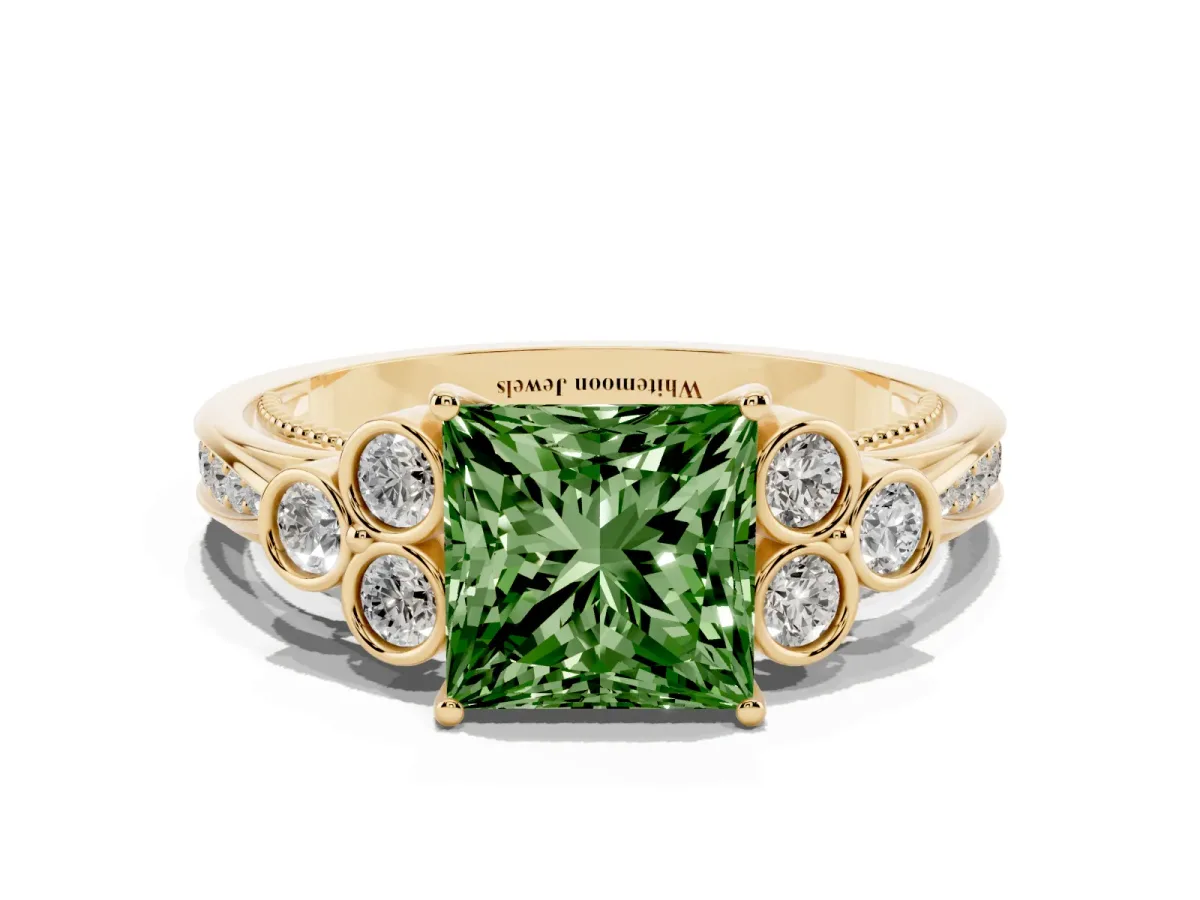 Fancy Green Princess Cut Cut Diamond Engagement Ring with Bezel Set Round Side Stones and Prong Setting Yellow gold