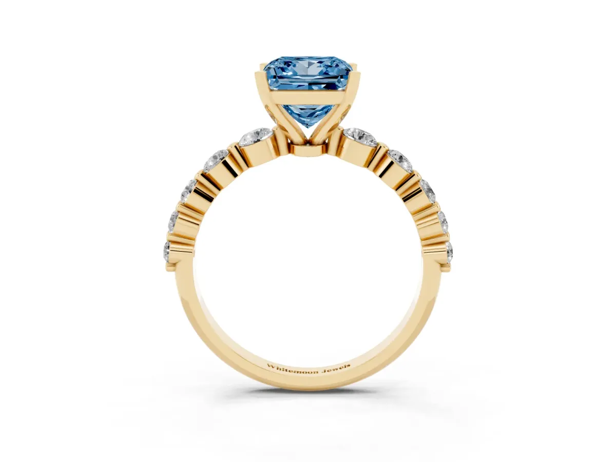 Fancy Blue Princess Cut Solitaire Diamond Ring with Pave Band and Four-Prong Setting Yellow gold