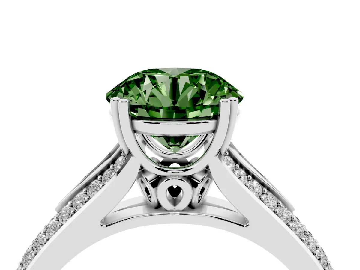 Fancy Green Round Cut Diamond Split Shank Engagement Ring with Pavé Band Platinum