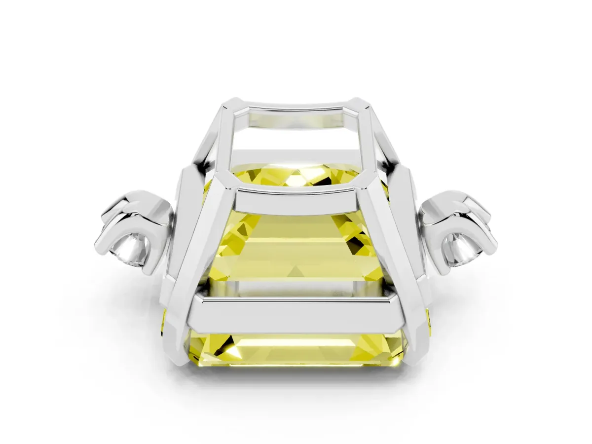 Fancy Yellow Asscher Cut Cut Three-Stone Solitaire Ring with Round Accent Diamonds and Four-Prong Setting Silver