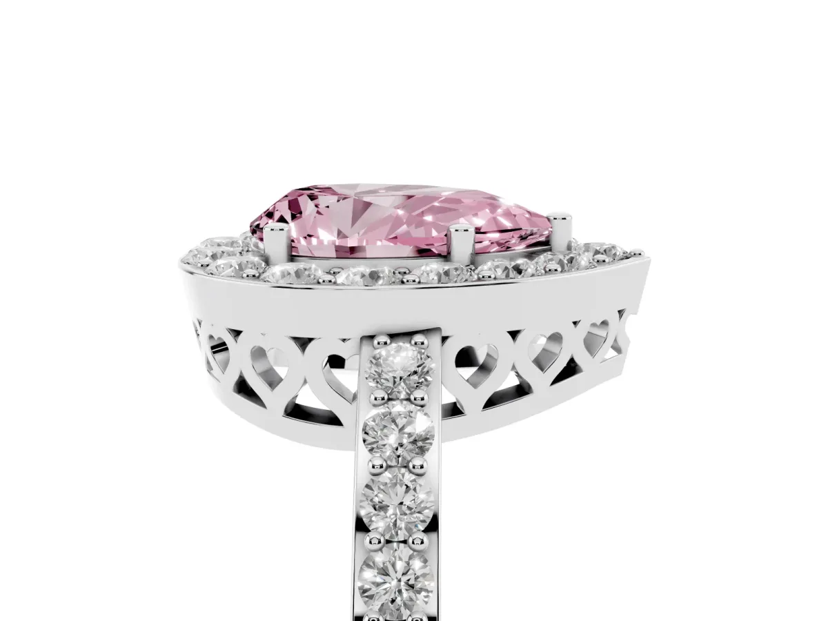 Fancy Pink Pear Cut Halo Diamond Pavé Band Ring with Prong Setting Silver