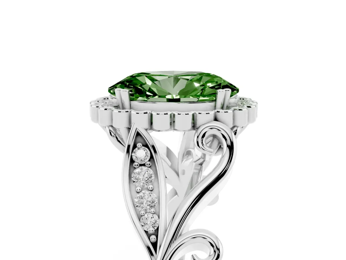 Fancy Green Oval Cut Diamond Halo Ring with Vintage Split Shank and Four-Prong Setting Silver