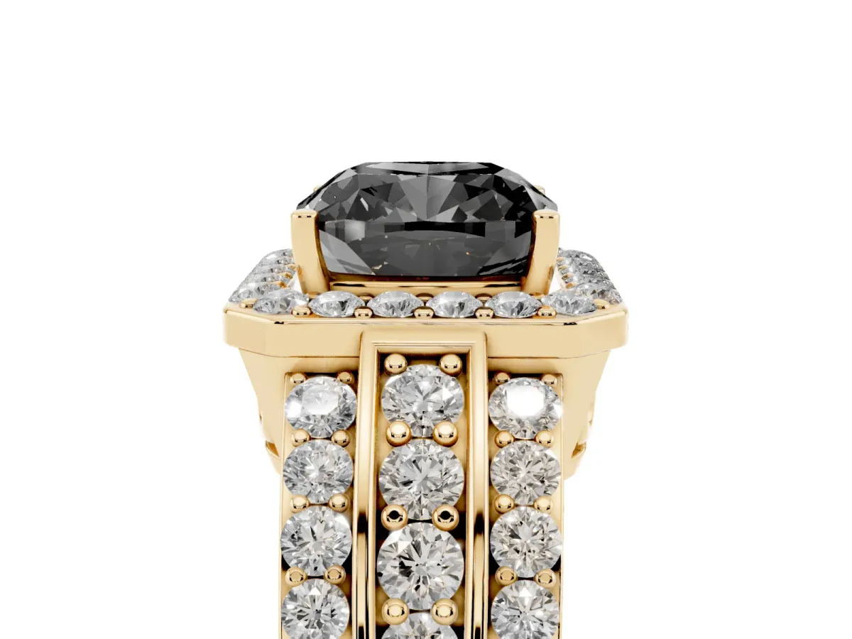 Fancy Black Cushion Cut Halo Diamond Ring with Round Split Shank and Prong Setting Yellow gold