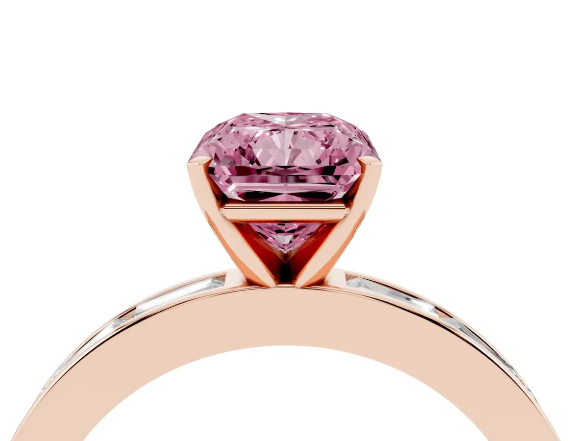 Fancy Pink Radiant Cut Solitaire Diamond Ring with Channel-Set Baguette Band and Four-Prong Setting Rose gold