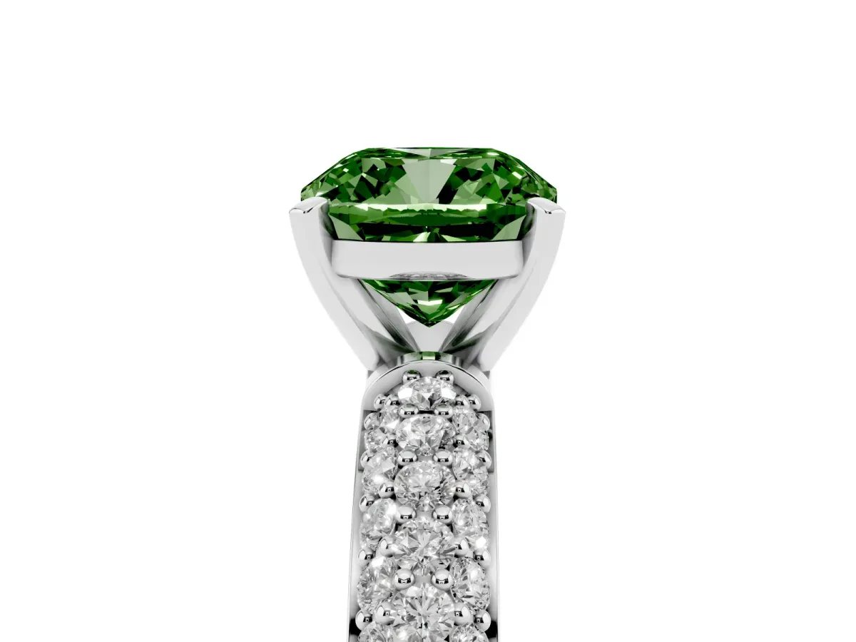 Fancy Green Cushion Cut Diamond Solitaire Ring with Prong Setting and Pavé Band Silver