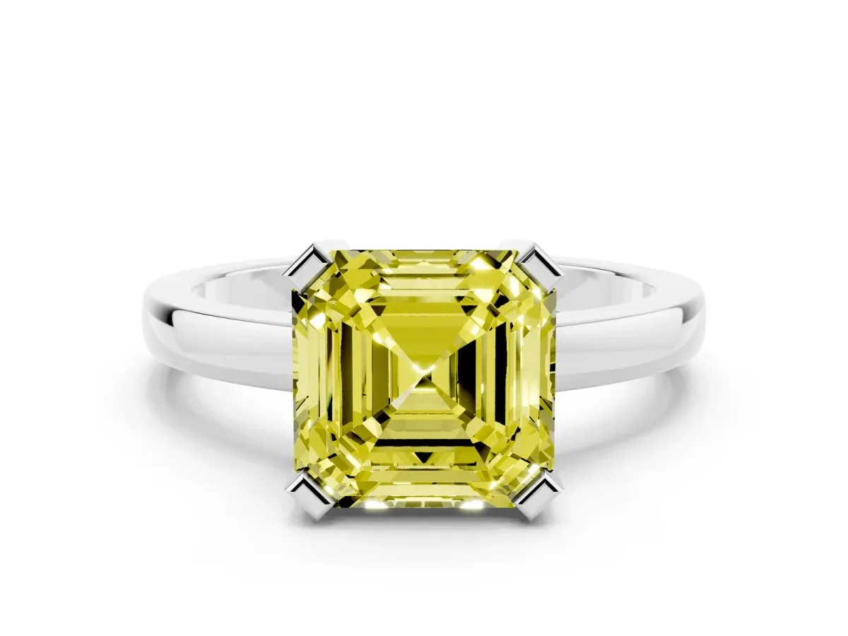 Fancy Yellow Asscher Cut Cut Solitaire Ring with Four-Prong Setting and Classic Band Silver