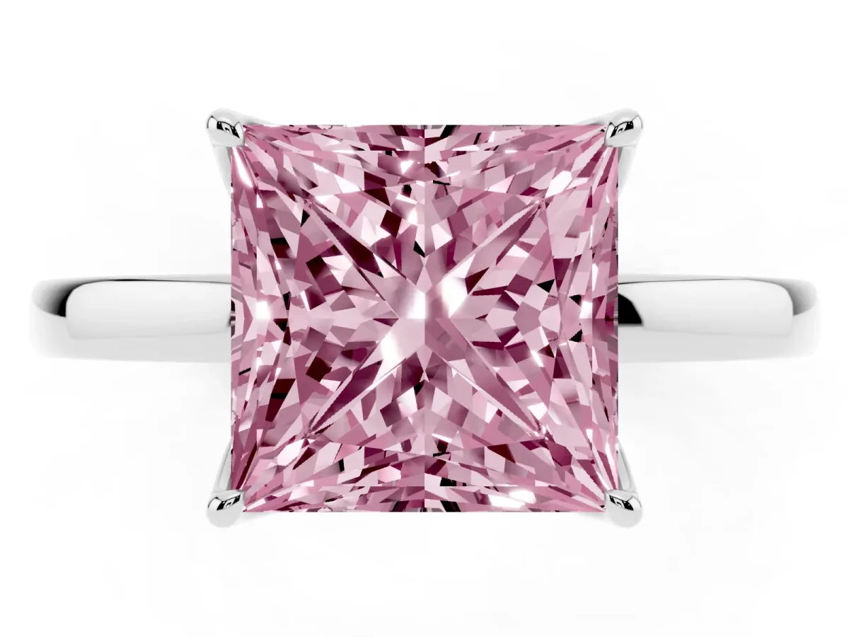 Fancy Pink Princess Cut Diamond Solitaire Ring with Thin Band and Prong Setting Silver