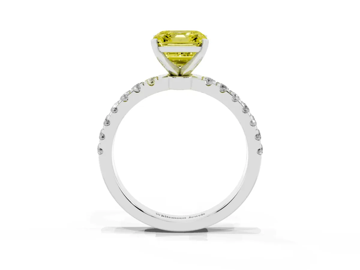 Fancy Yellow Asscher Cut Diamond Solitaire Ring with Pavé Accents and Four-Prong Setting Silver