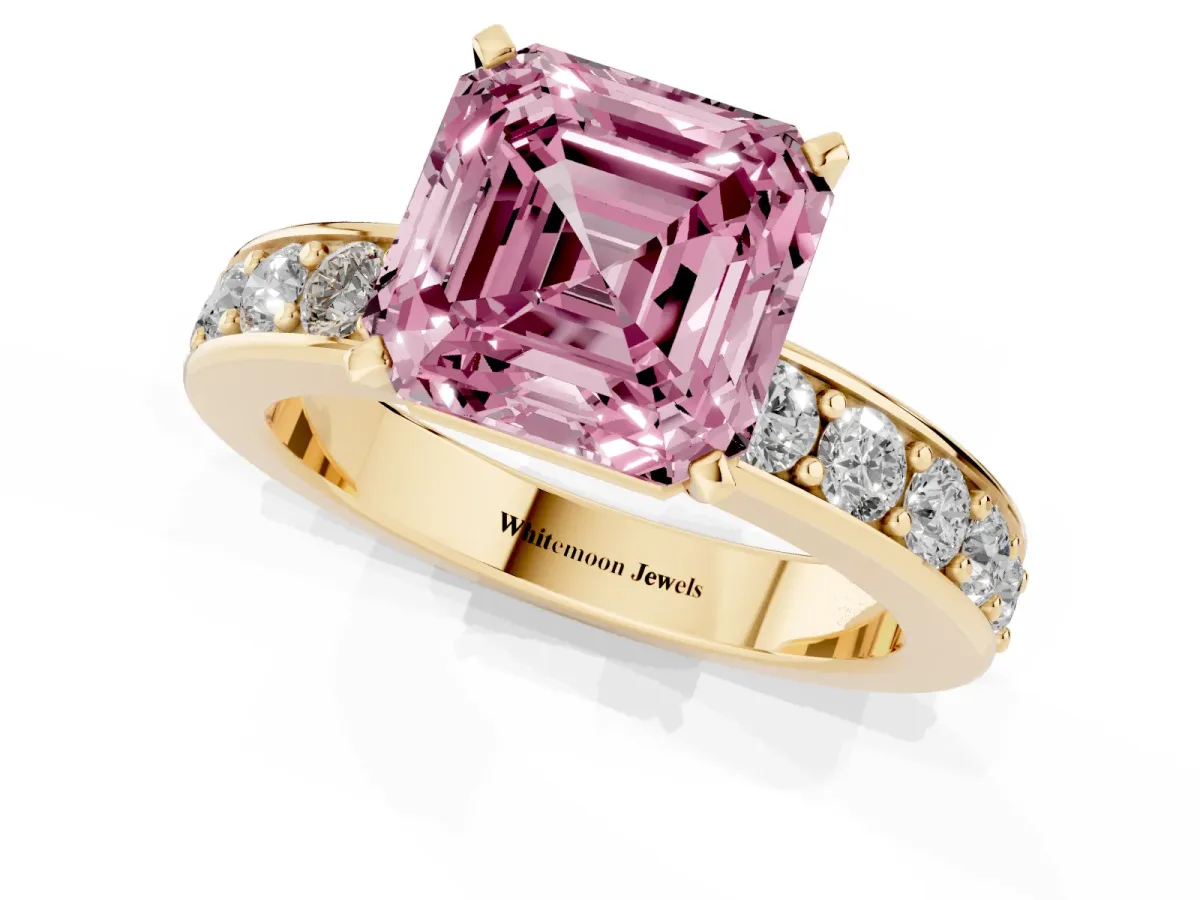 Fancy Pink Asscher Cut Diamond Engagement Ring with Channel Set Round Band and Prong Setting Yellow gold