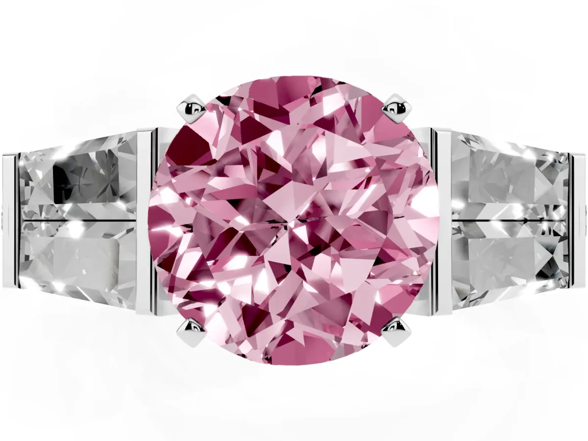 Fancy Pink Round Cut Diamond Engagement Ring with Baguette Side Stones and Channel Set Band Silver