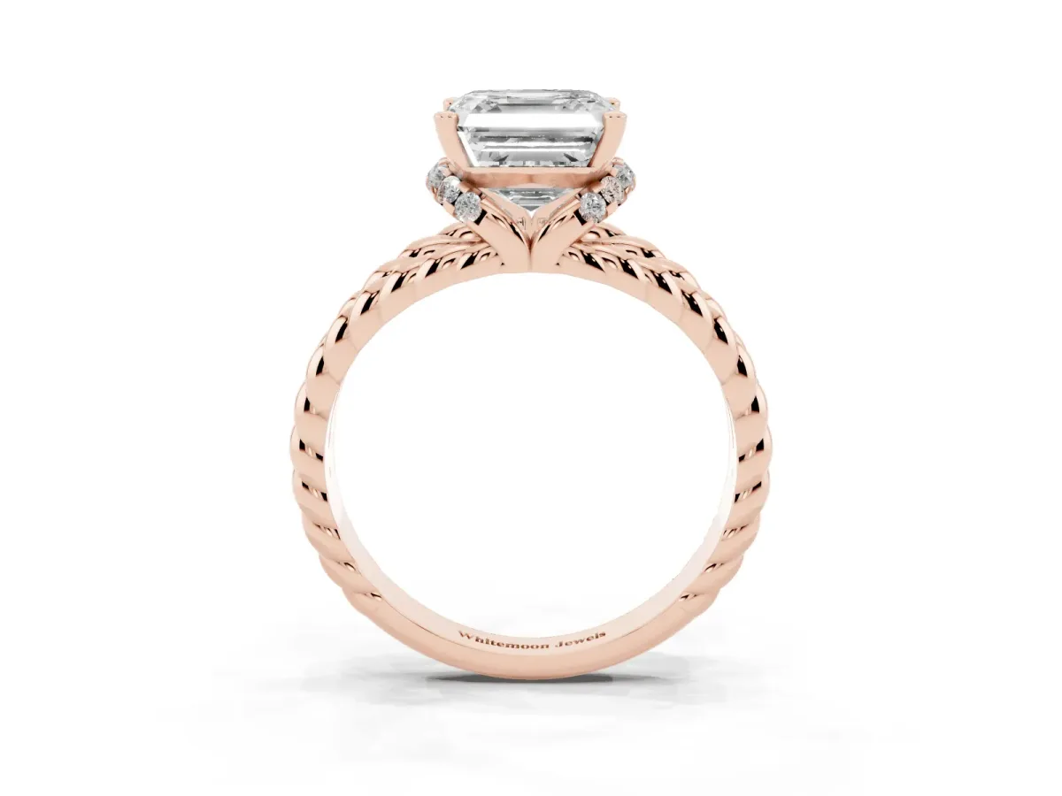 Asscher Cut Halo Twisted Band Four-Prong Ring Rose gold