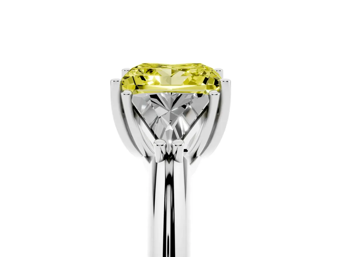 Fancy Yellow Three-Stone Princess Cut Diamond Engagement Ring with Trillion Side Stones and Prong Setting Silver