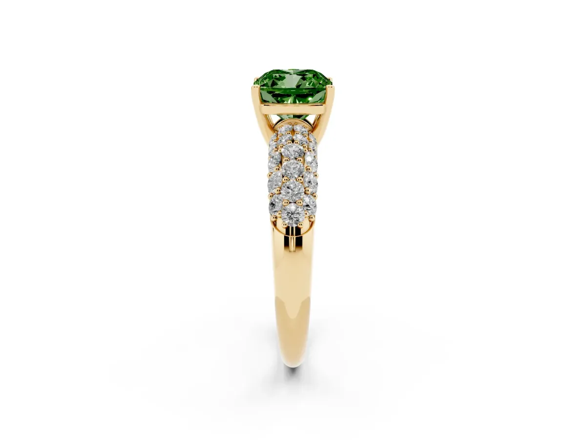 Fancy Green Cushion Cut Diamond Pavé Band Solitaire Ring with Four-Prong Setting Yellow gold