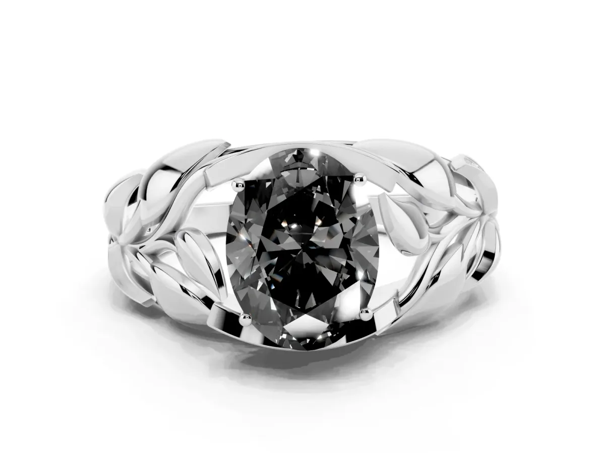 Fancy Black Oval Cut Diamond Leaf-Inspired Engagement Ring with Round Accents and Prong Setting Silver