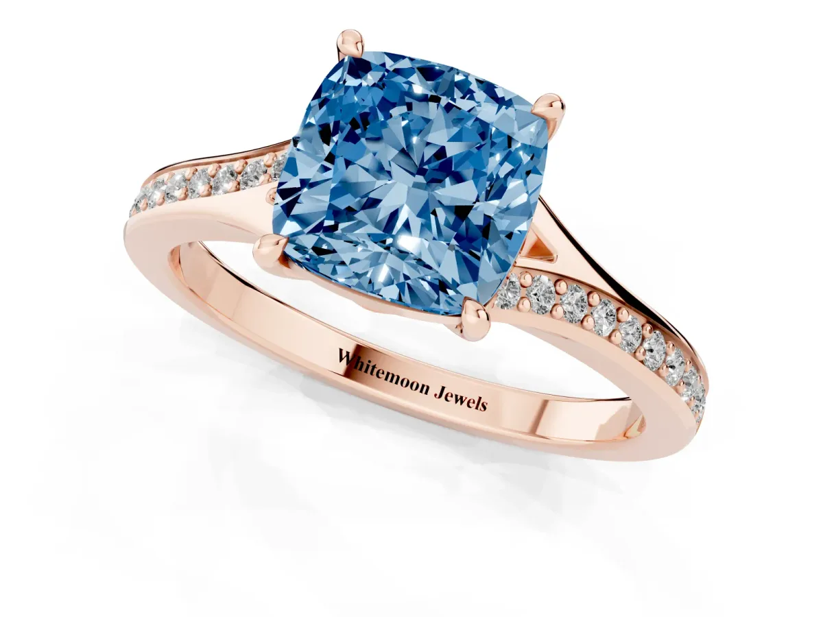 Fancy Blue Cushion Cut Diamond Solitaire Ring with Pavé Band and Prong Setting Rose gold