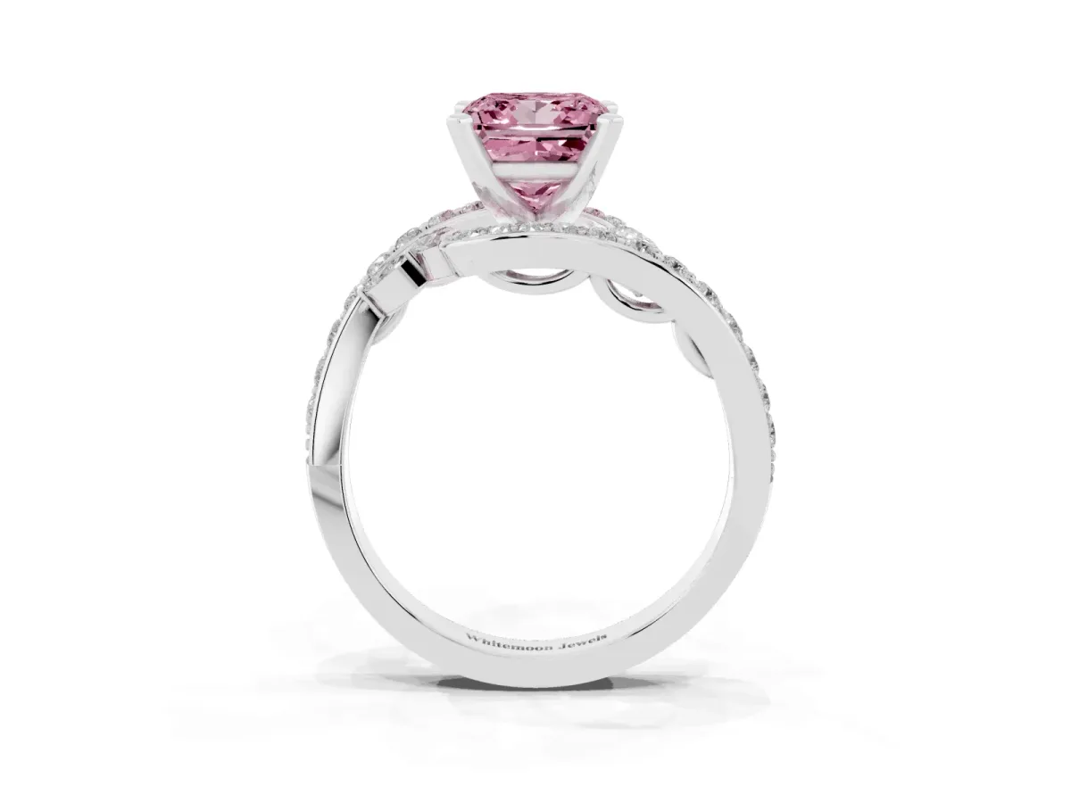 Fancy Pink Princess Cut Solitaire with Pavé Twist Band and Four-Prong Setting Silver