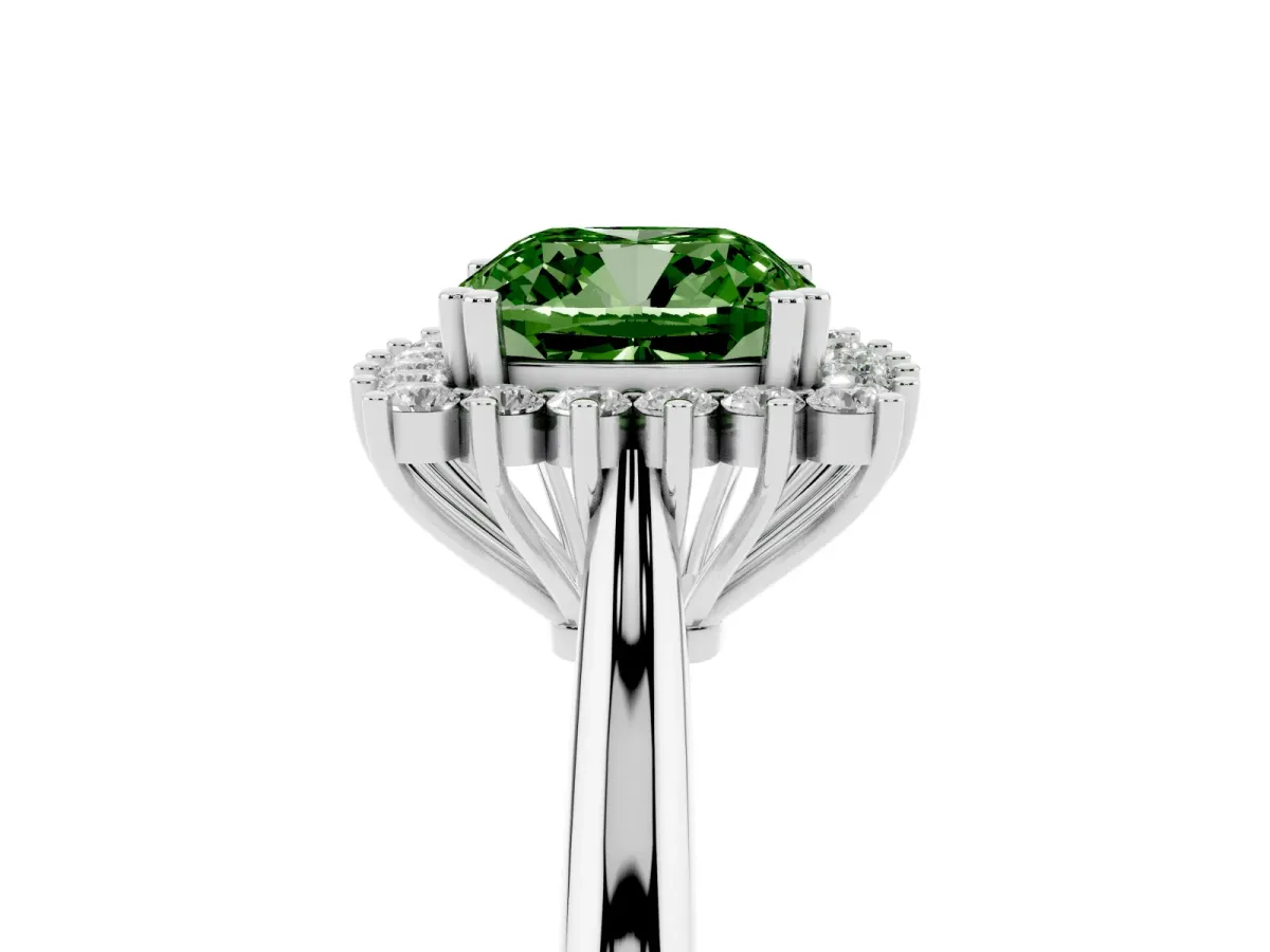 Fancy Green Cushion Cut Cut Diamond Halo Ring with Solitaire Band and Prong Setting Silver